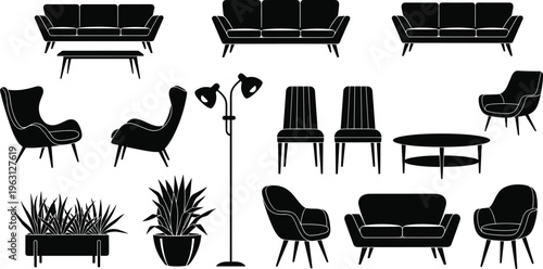 Mid century modern furniture silhouette set including sofas, chairs, table, lamp and plants, minimalist interior design collection, retro home decor elements illustration