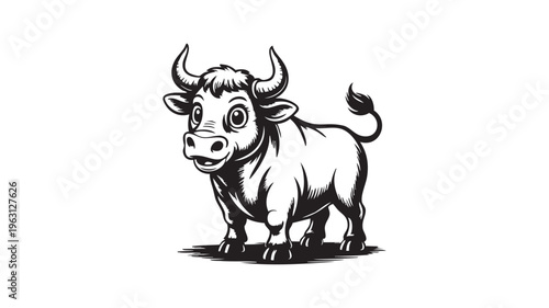 Cute cartoon bull standing, happy farm animal vector illustration.
