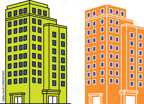 Modern apartment building vector illustration with colorful facades, urban architecture design, high-rise residential structures isolated on light background for real estate and city concept