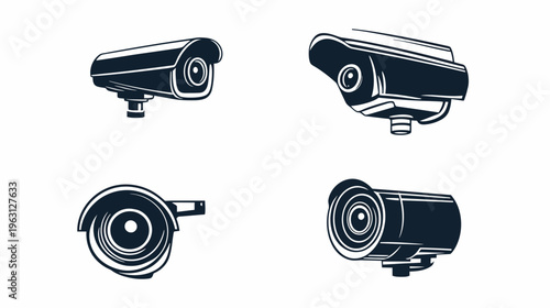 Four stylized illustrations of security cameras with distinct designs in a monochrome scheme