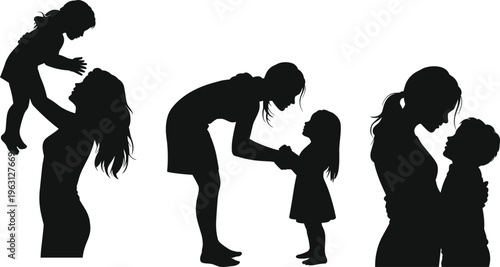 Mother and child silhouettes collection showing love, care and bonding moments, parenting concept illustration, family relationship scenes, isolated black figures on white background