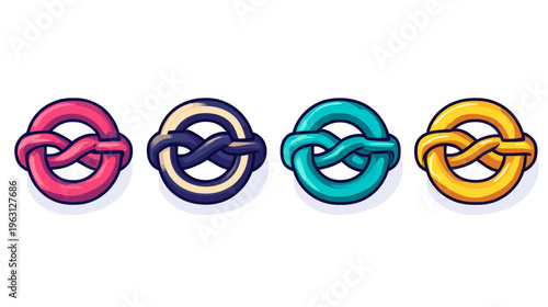 Four stylized, colorful cartoon pretzels on a white background, each with different colors