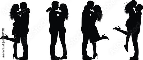 Romantic couple kissing silhouettes set, love and relationship concept with embracing partners, valentines day illustration isolated black vector on white background