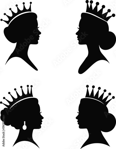 Queen silhouette profile set with royal crowns, elegant female faces collection, beauty and monarchy concept isolated background