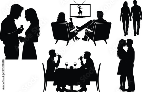 Romantic couple silhouettes collection with dating, proposal, dining and walking scenes, love relationship concept, people illustration set, isolated black figures on white background