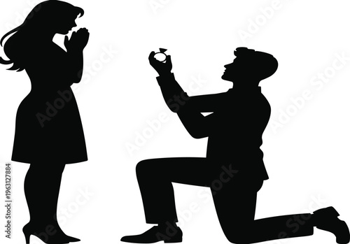 Romantic proposal silhouette of man kneeling with ring before surprised woman, love engagement concept isolated on light background
