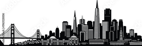 San Francisco skyline silhouette with Golden Gate Bridge and downtown skyscrapers, detailed cityscape illustration isolated on white background for travel and architecture design