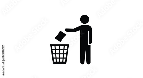 Person throwing paper into a trash can in a simple black vector graphic illustration