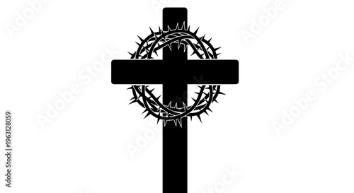 Black cross with crown of thorns religious symbol.