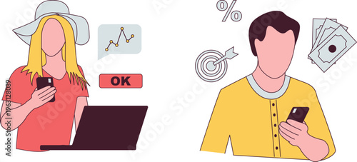 Two people using smartphones and laptop while engaging in contrasting digital and financial activities together online