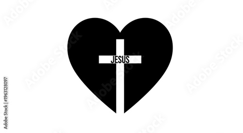 Black heart with white cross and Jesus text.