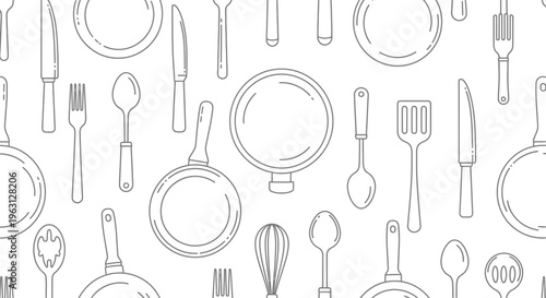 Seamless Pattern of Kitchen Utensils and Cooking Tools Line Art