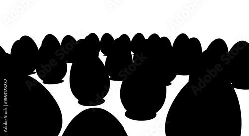 Silhouettes of numerous matryoshka dolls standing in rows, creating a striking pattern.