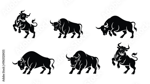 Powerful bull silhouette set showing aggressive charging and standing animal poses.