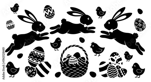 Easter Bunny and Chick Silhouettes with Decorative Eggs and Basket.