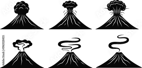Volcano eruption silhouettes collection with smoke and lava variations, natural disaster illustration set for geology, danger, environment, and education design