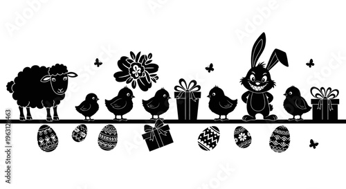 Easter themed silhouette with sheep, chicks, bunny, eggs, and gifts.