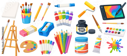 Artist Tools Set Paint Brushes Pencils Markers Palette Easel Ink Bottle Canvas Creative Art Supplies Collection