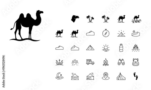 A collection of desert and travel icons featuring a camel and various symbols