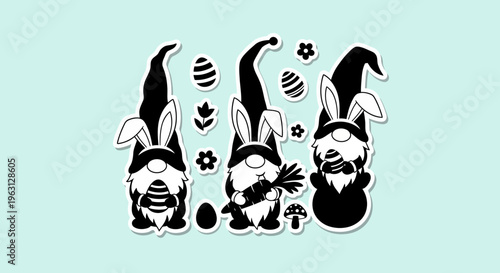 Three adorable Easter gnomes with bunny ears and festive decorations.