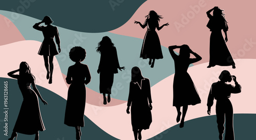Silhouettes of diverse women in various poses and attire.