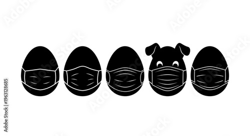 Five black eggs wearing face masks, one with pig ears and snout.