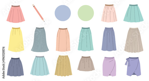 Collection of pastel colored skirts in various styles and textures