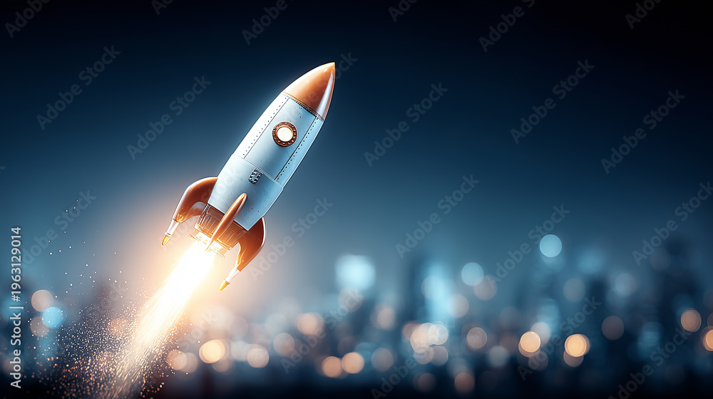 Fototapeta premium Rocket launch taking off into night sky with glowing engine flame and motion blur