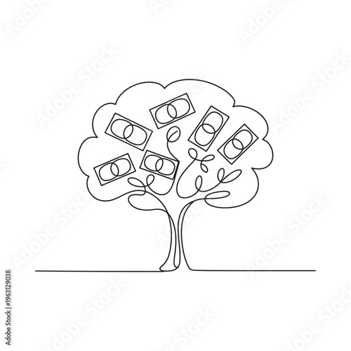 A minimalist line drawing depicts a tree with money as foliage