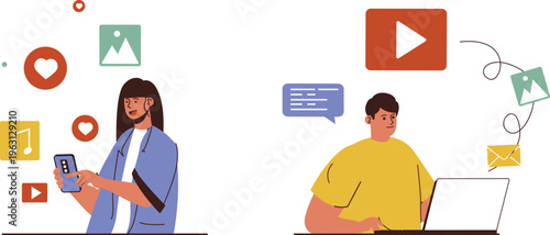 Two individuals engaging with multimedia content through different devices in a modern digital communication setting