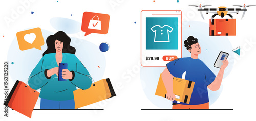 Modern shopping experience with technology and convenience through online purchases and drone deliveries