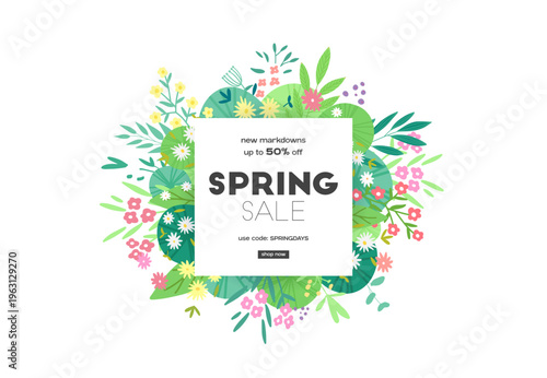 Wallpaper Mural Floral spring design with flowers, green leaves and plants. Round shape with space for text. Banner or flyer sale template, vector illustration. Torontodigital.ca