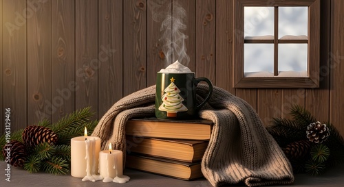 Festive winter mug with a Christmas tree design, brimming with a steaming hot beverage, is elegantly placed on a stack of classic books and a cozy textured blanket, surrounded by warm candlelight.