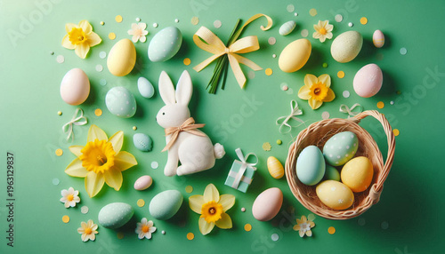 Easter Flat Lay Background with Pastel Eggs, Spring Flowers and Wicker Basket on Green