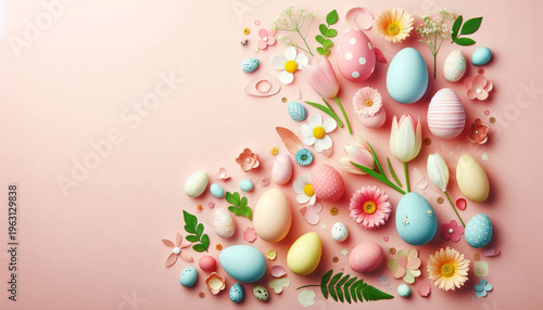 Easter Flat Lay Background with Pastel Eggs, Spring Flowers and Wicker Basket on Green, pink