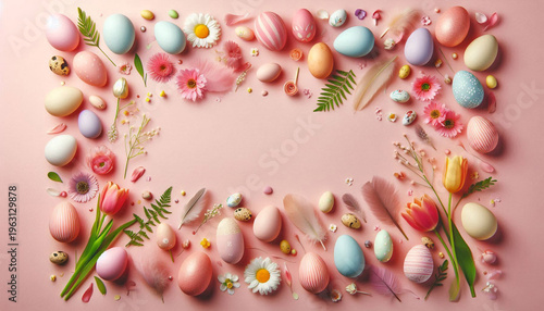 Easter Flat Lay Background with Pastel Eggs, Spring Flowers and Wicker Basket on Green