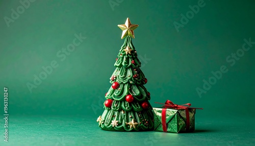 Festive Ceramic Christmas Tree with Gift Box on Green Background.