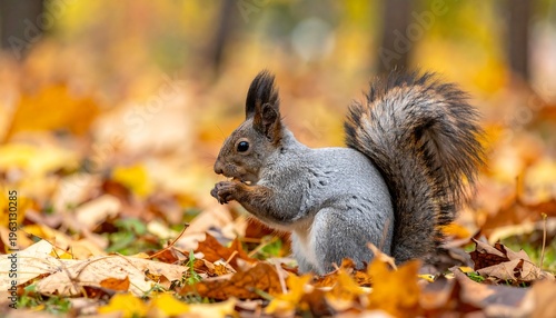 A Squirrel Eating in a Pile of Autumn Leaves.