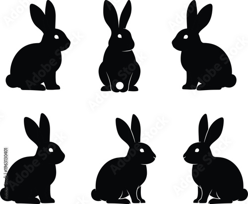 Rabbit silhouette set in different poses, black bunny collection vector illustration isolated on light background, ideal for Easter, animal design, and decorative projects