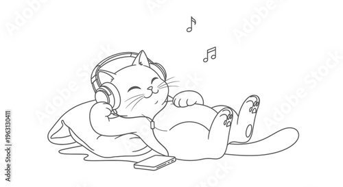 A cute, contented cat wearing headphones and listening to music while lying on a pillow.
