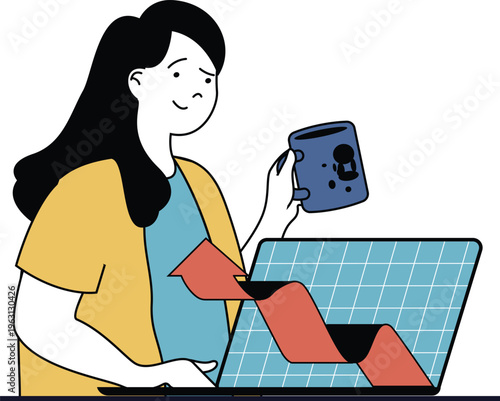 A person happily working on a laptop while holding a coffee mug and a red folder