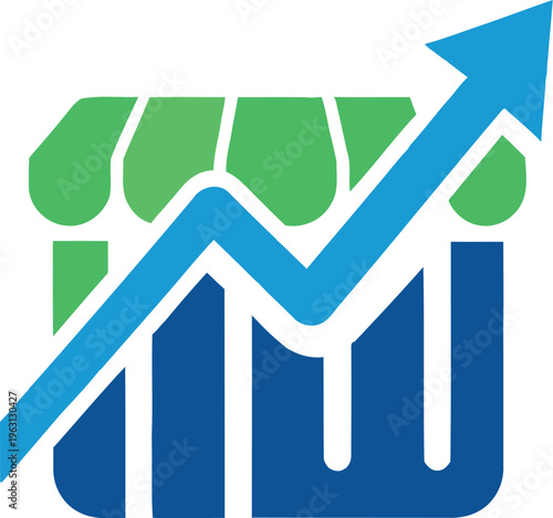 A green upward arrow graph rising above buildings representing business growth and financial success