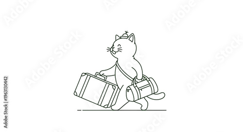 A charming cartoon cat wearing a small crown, happily walking with a suitcase and a duffel bag, ready for a journey.