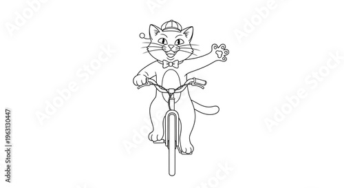A charming cartoon cat wearing a hat and bow tie rides a bicycle with one paw raised in a friendly wave.