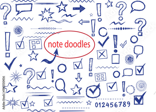 Blue pen scribble and doodle collection. Blue pen lines, arrows and scribbles at grid notebook background. Crayon drawn note doodles for hand drawn diagram, infographic and journaling.