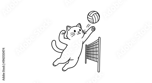 Cute cartoon cat jumping to spike a volleyball over the net in a playful black and white line art illustration.