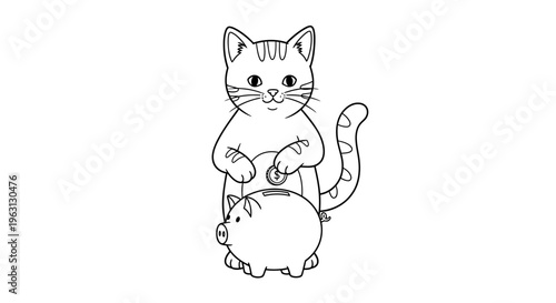Cute cartoon cat saving money by putting a coin into a piggy bank, line art illustration.