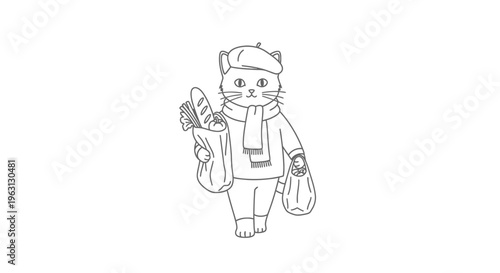 A charming black and white illustration of a cat dressed in a beret and scarf, carrying two shopping bags filled with groceries, including a baguette.