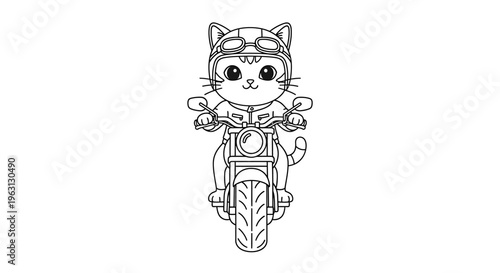Cute cartoon cat wearing a helmet and goggles, riding a motorcycle, black and white line art illustration with a front view.