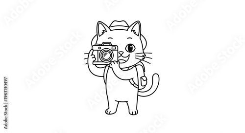 Cute cartoon cat character wearing a hat and backpack, holding a camera ready to take a photo, line art drawing.